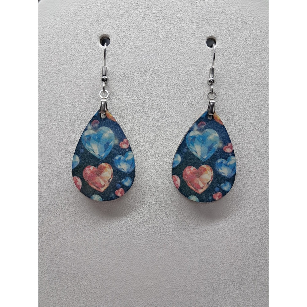 Teardrop Dangle Earrings Heart Gemstone‎ Graphic Print Silver Tone French Hooks